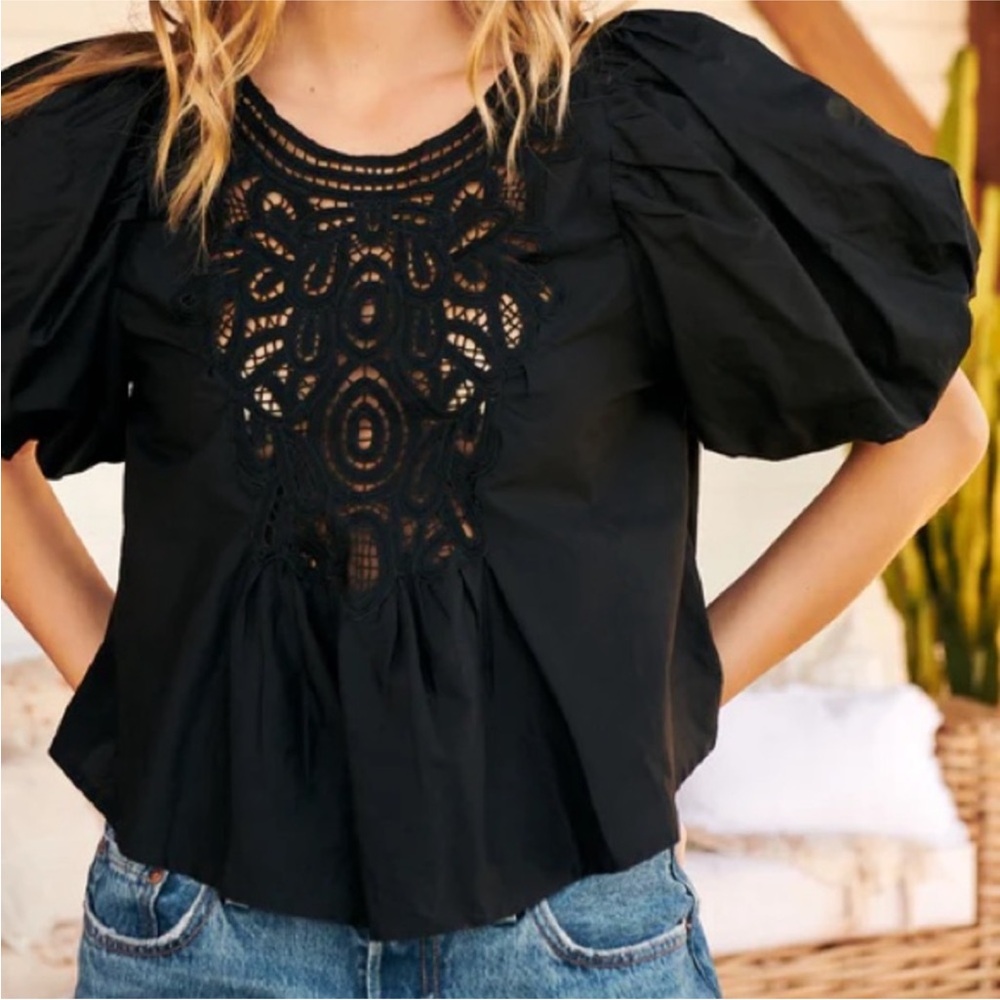 Lace Puff Sleeve Top Free People black size s ob1621491